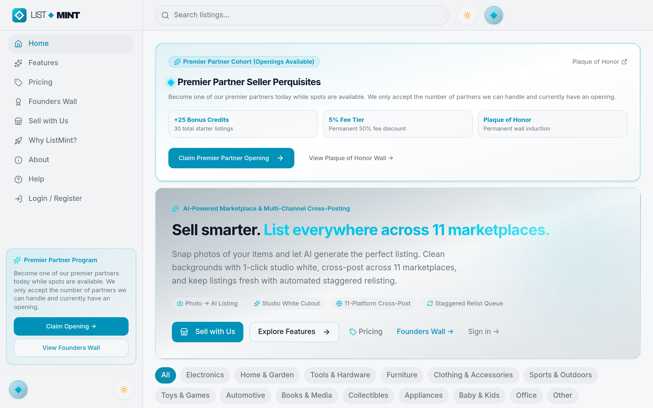 ListMint live marketplace home feed — showing verified live interface, product listing cards, category chips, geo-filter and navigation