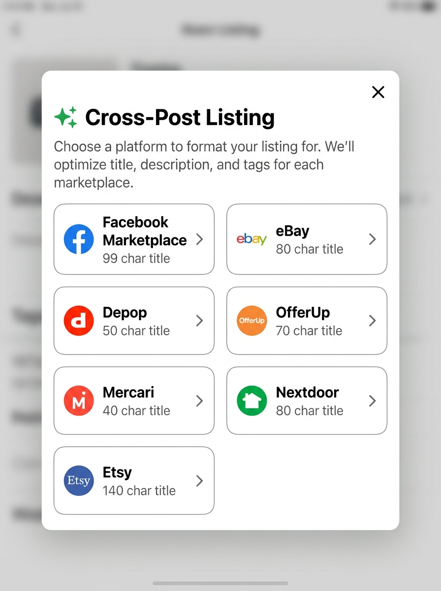 ListMint cross-post dialog showing 9 marketplace destinations with pre-formatted descriptions